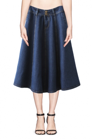 High Waist Plain Denim Full Skirt with Double Button Front