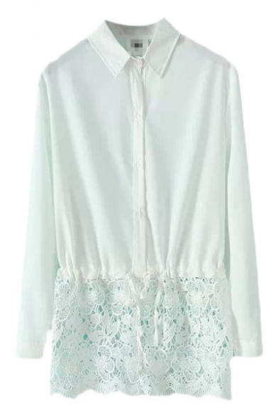 Plain Long Sleeve Lapel Shirt with Lace Panel Bottom and Drawstring