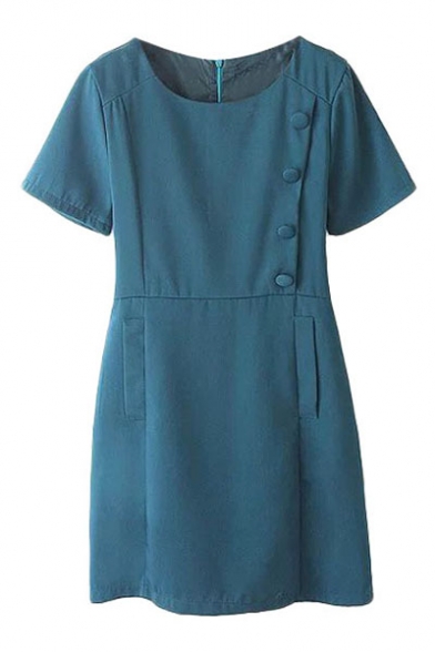 Plain Round Neck Short Sleeve Dress with Side Button and Zip Back