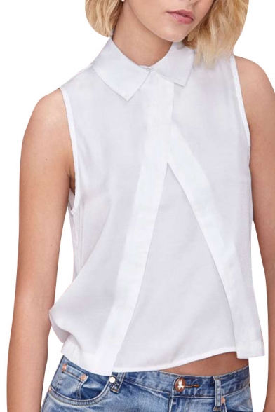 Pure White Point Collar Sleeveless Chiffon Top with Split Front