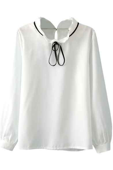 Ruffle Stand Collar Plain Blouse with Black Bow Tie Style Drawstring