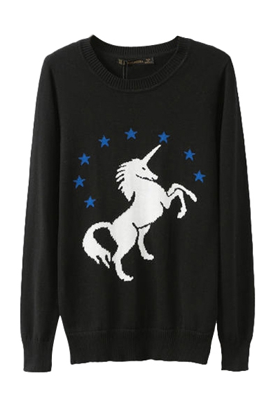 Unicorn and Star Pattern Long Sleeve Knitted Sweater with ...