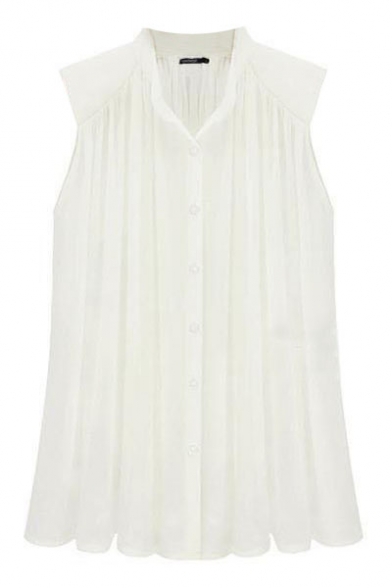 White Plain Stand Collar Pleated Button Front Sleeveless Chiffon Blouse