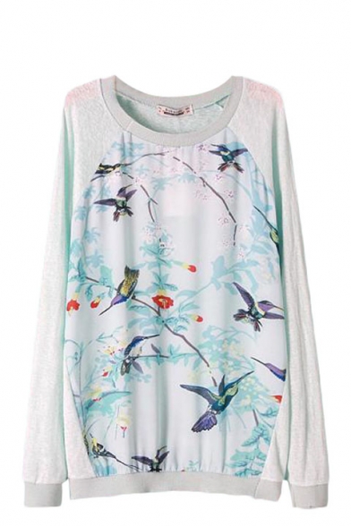 Bird and Tree Print Round Neck Knitted Sweater with Raglan Sleeve