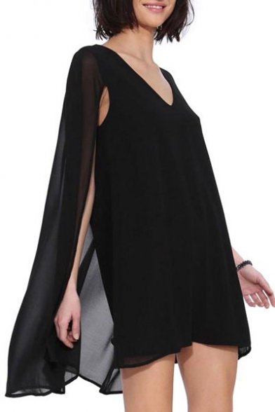 Black Fitted Plain Cape Style V-Neck Chiffon Dress - Beautifulhalo.com