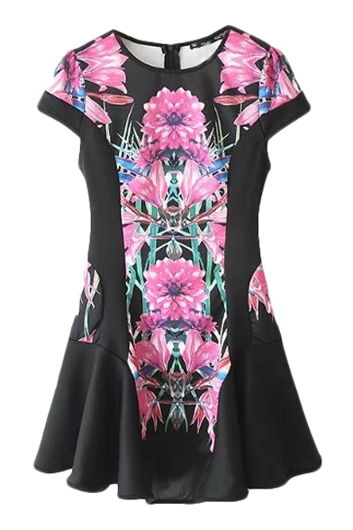 Black Floral Print Cap Sleeve Zipper Back Fit and Flare Dress