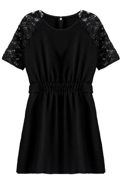 Black Plain Crochet Lace Panel Raglan Short Sleeve Gathered Waist Dress