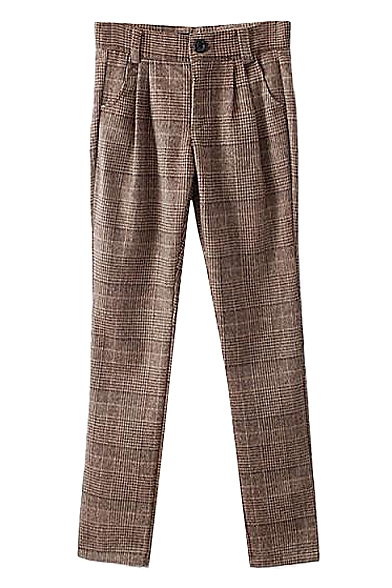 Brown Plaid Pattern Straight Leg Wool Pants