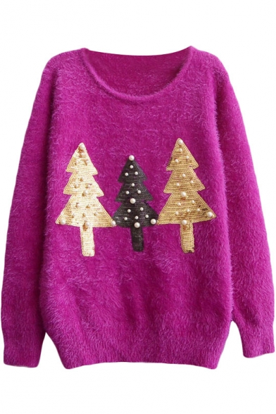 Christmas Tree Sequins Beaded Round Neck Long Sleeve Mohair Sweater