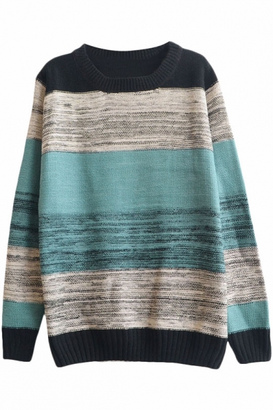 Color Block Stripe Print Round Neck Long Sleeve Sweater