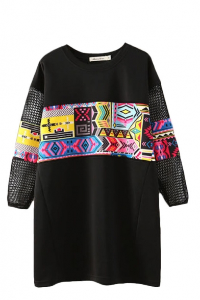 Geo-Tribal Style and Mesh-Long-Sleeve Longline Sweatshirt with Round Neckline