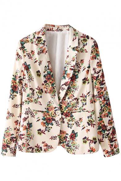 Notched Lapel Floral Print Single Button Blazer with Long Sleeve