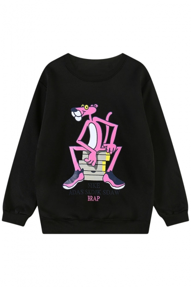 Pink Panther Print Black Round Neck Long Sleeve Sweatshirt