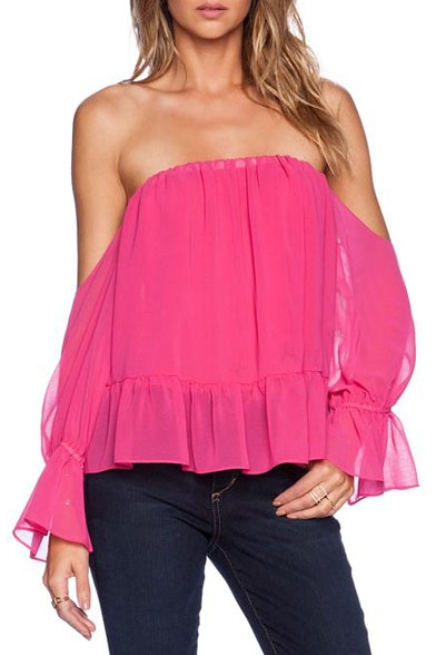 Plain Boat Neck Bell Sleeve Off the Shoulder Chiffon Blouse