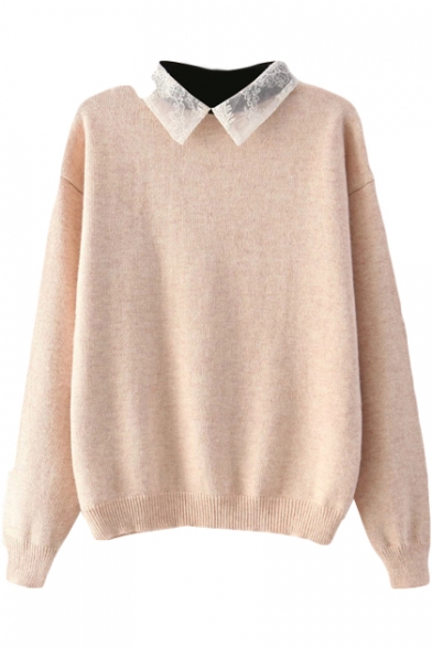 Plain Knitted Sweater with Lace Peter Pan Collar