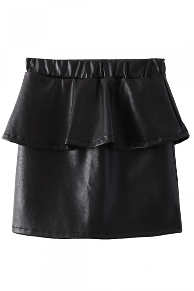Plain Ruffle Trim Insert Elastic Waist Pencil PU Skirt
