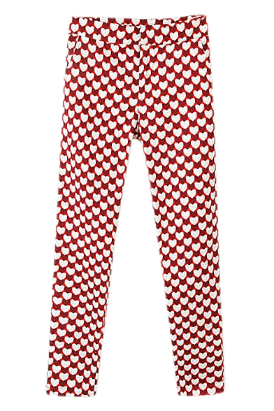 Red and White Heart Print Zipper Fly Skinny Pants