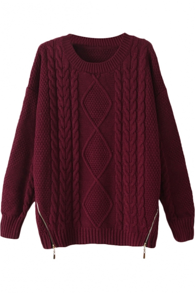 Round Neck Diamond Cable Knitted Sweater with Double Zipper Front