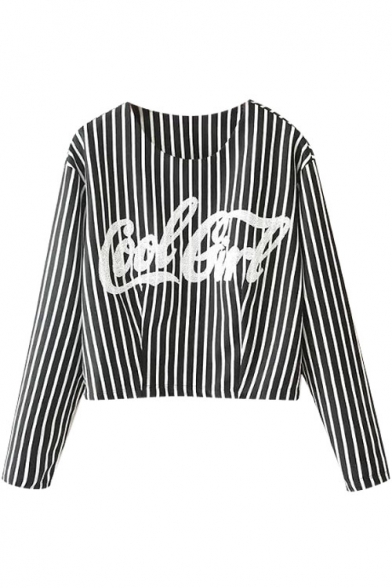 Stripe Letter Print Round Neck Long Sleeve Cropped T-Shirt