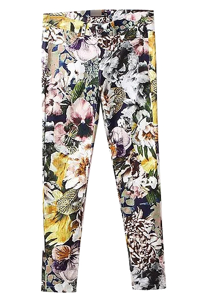 Vintage Colorful Floral Print Elastic Pockets Back Pencil Pants