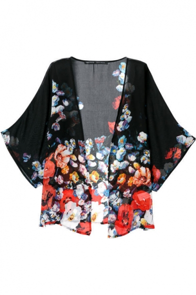 Black Background Floral Print Chiffon Batwing Kimono