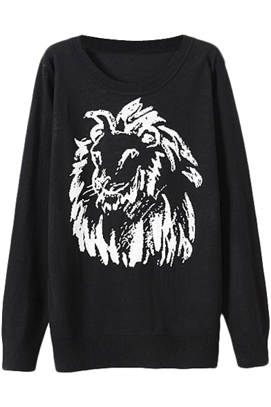 Black Lion Head Pattern Round Neck Long Sleeve Sweater