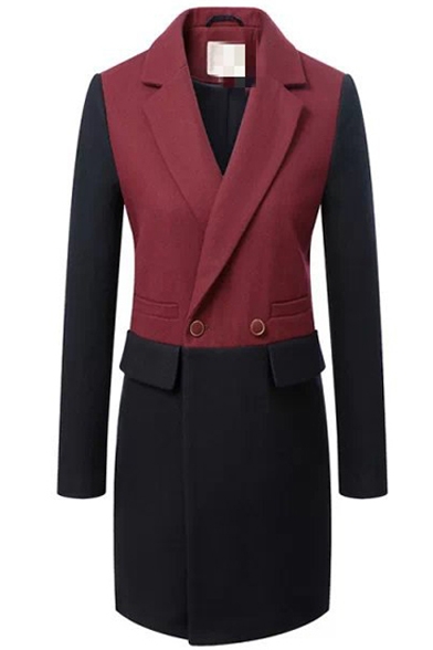 Color Block Fitted Lapel Collar Double-Breast Pockets Long Ling Coat
