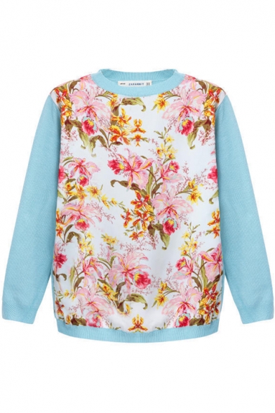 Floral Plants Print Insert Round Neck Long Sleeve Sweater