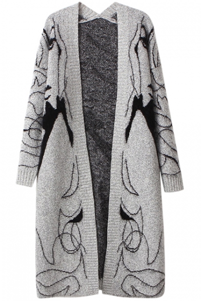 Gray Character Print Open Front Laid Back Cardigan