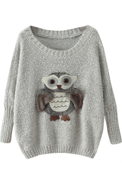 Gray Owl Stick Pattern Round Neck Bat Sleeve Sweater