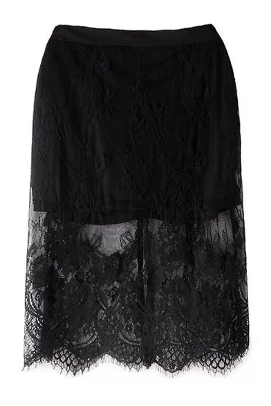 High Waist Plain Midi Skirt with Eyelash Lace Insert