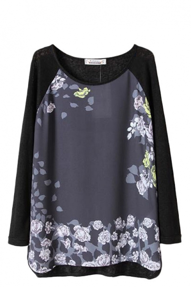 Leaves and Flower Print Round Neck Long Sleeve Knitted Sweater