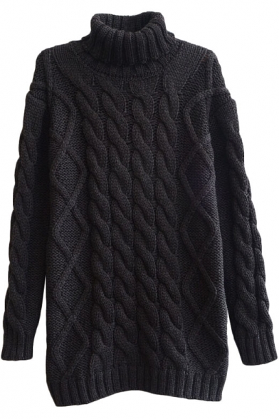 Plain Fitted Cable Knit High Neck Long Sleeve Sweater
