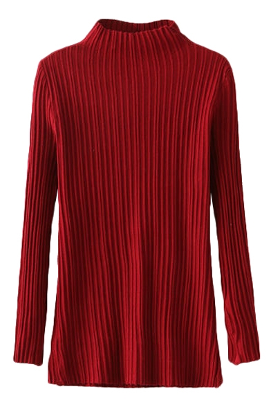 Plain High Neck Fitted Stripe Jacquard Long Sleeve Sweater