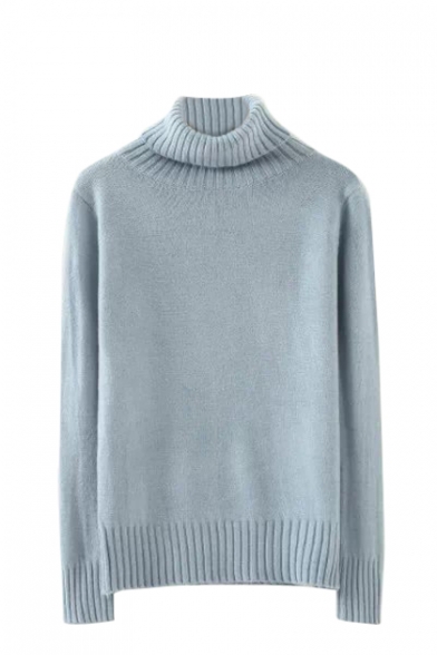 Plain Long Sleeve High Collar Slim Sweater with Rib Kit Trim
