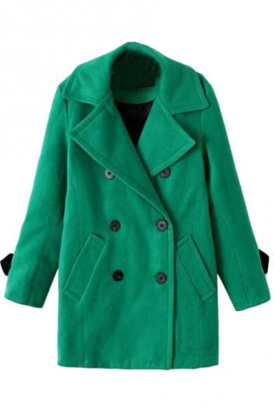 Plain Notched Lapel Double-Breasted Woolen Coat With Double Pocket Front