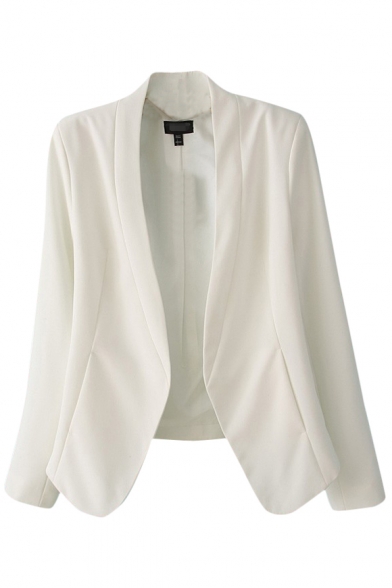 Plain Stand-Up Collar Open Front Gathered Waist Fitted Blazer