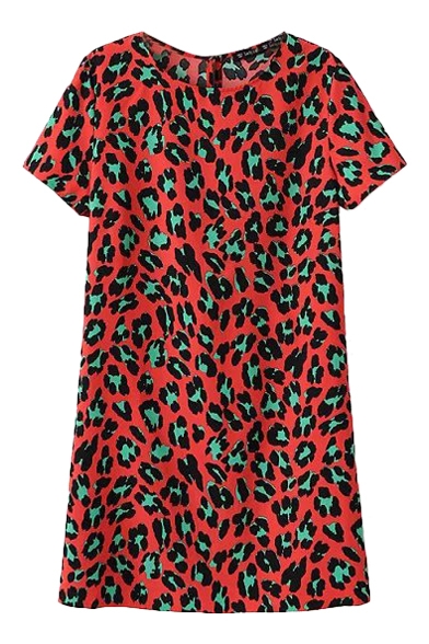 Red Background Green Leopard Print Round Neck Short Sleeve Dress