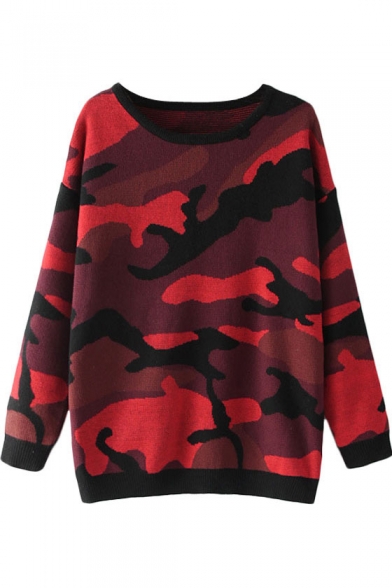 Red Camouflage Pattern Long Sleeve Sweater with Round Neckline