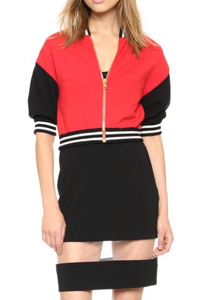 Red Stand Collar Gold Zipper 1/2 Sleeve Cropped Knit Jacket