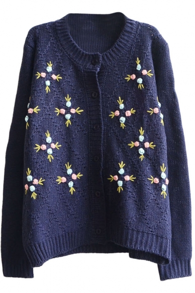 Rural Style Manual Embroidered Flower Round Neck Button Fly Cardigan