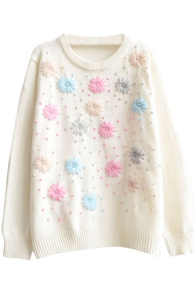 Sweet Colorful Hand-Made Embroidery Round Neck Sweater