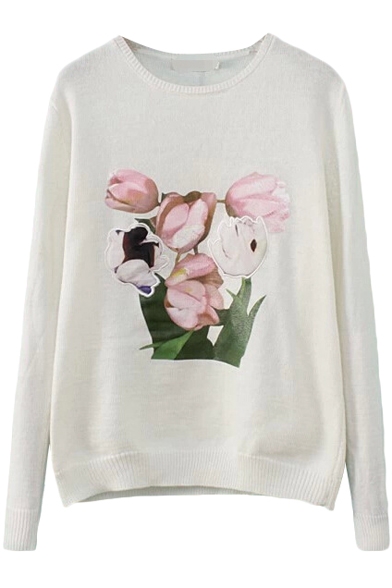 Tulip Embroidered and Print Knitted Sweater with Round Neck