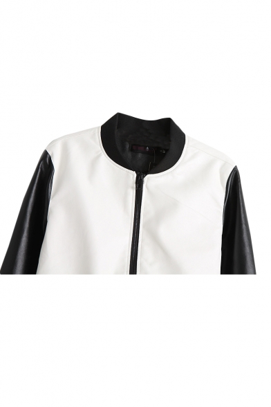 White and Black Contrast Stand Up Collar Zippered PU Baseball Jacket