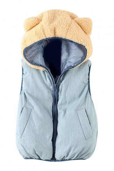Woolen Bear Ear Hood Sleeveless Vest with Pocket Front