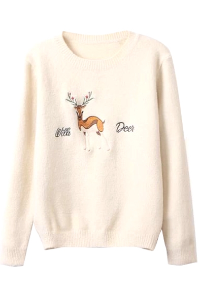 Deer Letter Embroidered Round Neck Long Sleeve Loose Sweater