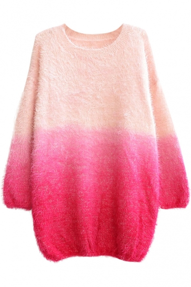 Elegant Ombre Round Neck Long Sleeve Mohair Sweater