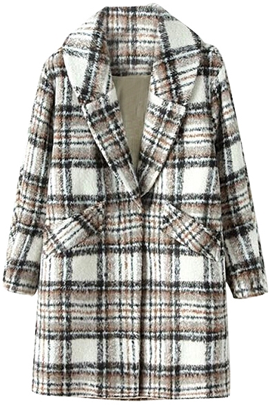Fashionable Plaid Pattern Hidden Button Wool Coat with Oversized Lapel