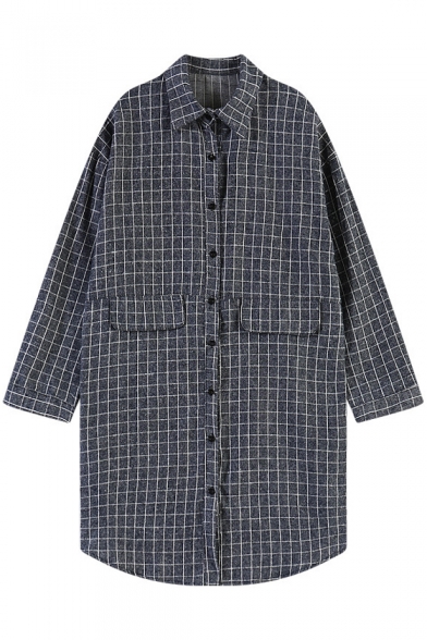 Gingham Pattern Concise Vintage Style Longline Shirt with Fake Pockets