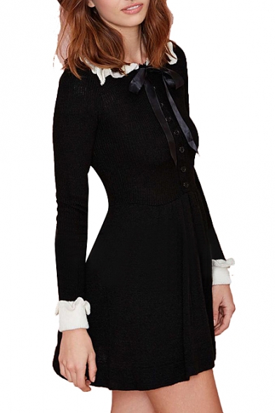 Peter Pan Collar Knitted Pleated Dress with Contrast Trim and Bow-Tie ...
